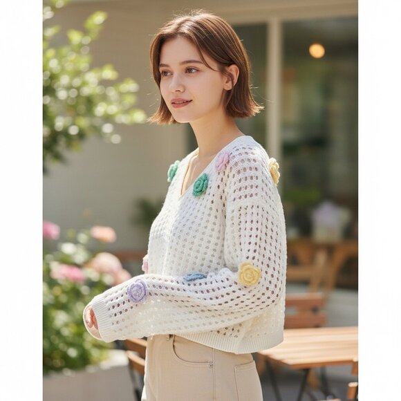 Wild Fable Junior Open-Knit Cropped Sweater w/ Colorful Crochet Flowers Medium - Picture 2 of 11